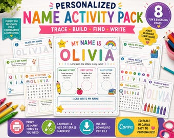 May include: A personalized name activity pack featuring eight colorful educational worksheets for children. The pages include tracing, building, finding, and writing exercises with the name Olivia, decorated with rainbows, stars, and school supplies.