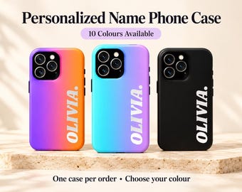 May include: Three phone cases featuring the name OLIVIA. in white capital letters. The left case has an orange-to-purple gradient, the middle case has a blue-to-purple gradient, and the right case is solid black. Each case has a triple camera cutout.