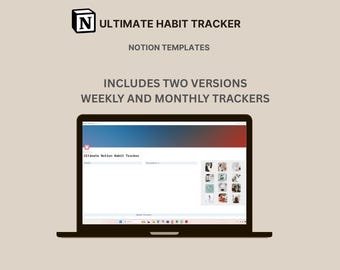 Może przedstawiać: Laptop wyświetla szablon śledzenia nawyków. Ekran ma niebieskie i czerwone gradientowe tło z tekstem "Ultimate Habit Tracker" i "Notion Templates". Obraz zawiera dwie wersje: tygodniowe i miesięczne trackery.
