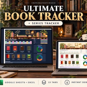 May include: Two laptops displaying an Ultimate Book Tracker and Series Tracker digital spreadsheet. The left screen shows a dark night mode interface, while the right screen shows a light day mode interface, both featuring book covers, charts, and reading notes.