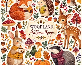 May include: A decorative illustration featuring a sleeping fox, a hedgehog holding a pear, a rabbit in a yellow sweater, a deer with a scarf, and a badger in a scarf, surrounded by autumn leaves, mushrooms, and pumpkins with the text WOODLAND Autumn Magic.