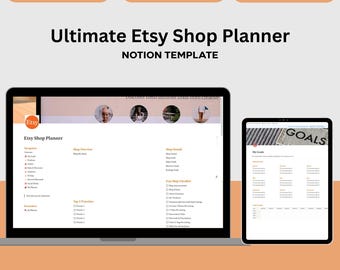 May include: A laptop and tablet display an Etsy shop planner template. The laptop screen shows the Etsy logo and shop details, while the tablet displays a goals checklist. The image includes the text "CUSTOMIZABLE", "FOR ALL DEVICES", and "AESTHETIC".