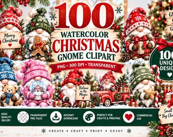 May include: A digital collection of 100 watercolor Christmas gnome clipart images featuring various gnomes in festive hats, holding items like gingerbread men, gifts, teddy bears, snow globes, and signs with text like Merry Christmas and Believe in the Magic.