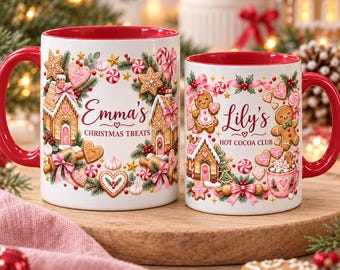 Personalised Gingerbread Christmas Mug, Pink Bakery Design, Custom Name Hot Chocolate Cup, Matching Family Gift