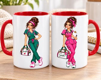 Personalised Nurse Mug, Custom Name Coffee Cup, Pink or Green Scrubs Design, Nurse Graduation and Thank You Gift