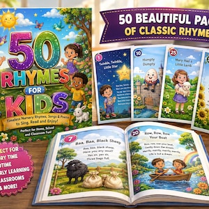 May include: A children's book titled 50 Rhymes for Kids featuring colourful illustrations of characters and animals. The cover displays the title and text, while an open book shows pages with nursery rhymes like Baa, Baa, Black Sheep and Row, Row, Row Your Boat, accompanied by four additional illustrated rhyme cards.