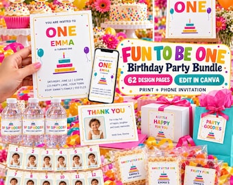 Fun To Be One Birthday Party Bundle, 62 Canva Pages, Invitations, Photo Banners and Decorations