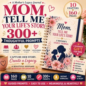 Puede incluir: Un diario de espiral titulado Mom, Tell Me Your Life's Story, con una portada floral que muestra la silueta de una madre y un niño. El diario incluye 10 capítulos, 160 páginas y más de 300 preguntas. La portada es de color crema con flores rosas.