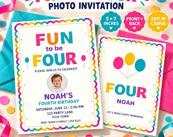 Einladung zum vierten Geburtstag für Jungen mit Foto, Regenbogenrand, bearbeitbare Canva-Vorlage, Vorder- und Rückseite