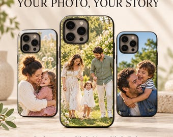May include: Three black smartphone cases featuring custom printed family photographs. The top text reads YOUR PHOTO, YOUR STORY and the bottom text reads Family memories · Gifts for Mum · Gifts for Dad. Example photos shown.