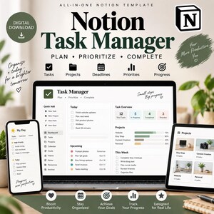 以下が含まれることがあります： ノートパソコン、スマートフォン、タブレットに表示されたNotionタスク管理テンプレート。インターフェースにはタスクリスト、プロジェクト追跡、進捗バーが含まれています。テキストには「Notion Task Manager」、「Plan, Prioritize, Complete」、「My Day」と記載されています。