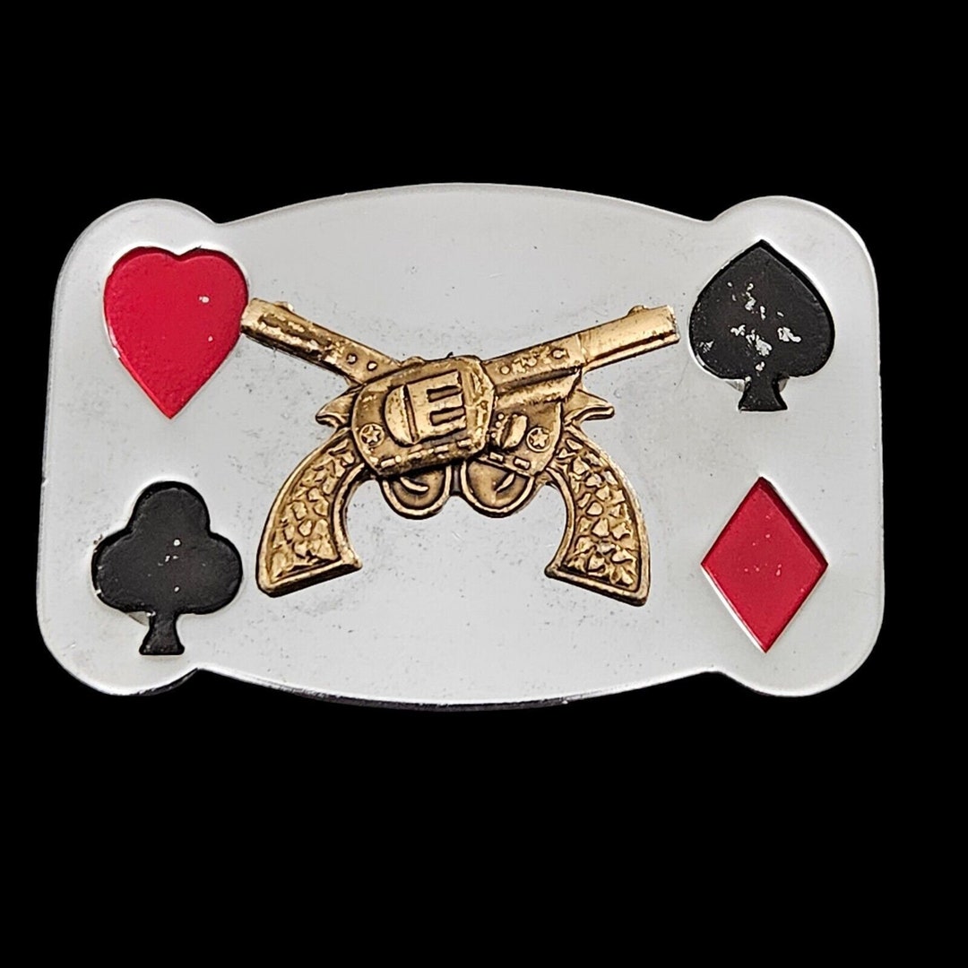 Vintage Playing Card Belt Buckle W/ 2 Revolvers Heart Club Spade ...