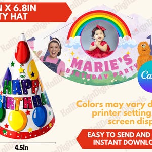 Puede incluir: Un diseño de gorro de fiesta imprimible con un arcoíris, nubes, estrellas y el texto "MARIE'S BIRTHDAY PARTY". El gorro tiene 4,5 pulgadas de ancho y 6,8 pulgadas de alto.