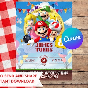 Convite personalizado do Super Mario, convite digital para festa de aniversário dos Super Mario Boys, cartão de aniversário do Mario Luigi, convite para festa de aniversário do Mario