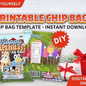 Bluey Family Birthday Chip Bag Template | Editable Canva Design Birthday Treats Bag Wrapper Bag Loot Bag B luey Blu ey bluey-bingo candy bag