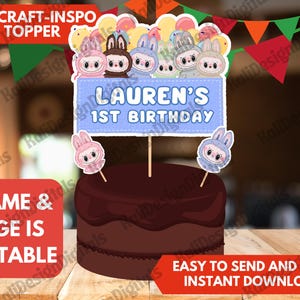 Labubu-Inspired Birthday Cake Topper Template | Editable Canva Design Monster Popmart Doll Template Labubu Cake Topper Labubu Cupcake Topper