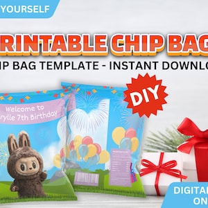 Labubu-Inspired Birthday Chip Bag Template | Editable Canva Design Monster Popmart Doll Template Birthday Treats Bag Wrapper Bag