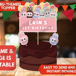 Labubu-Inspired Birthday Cake Topper Template | Editable Canva Design Monster Popmart Doll Template Labubu Cake Topper Labubu Cupcake Topper