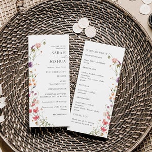 Plantilla de programa de boda con flores silvestres, programa de boda con flores silvestres, cronograma del día de la boda, programa de boda, flores boho, ceremonia imprimible