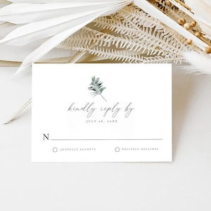 Plantilla de tarjeta Rsvp de boda tropical, tarjeta Rsvp imprimible, tarjeta Rsvp de boda en la playa, tarjeta de respuesta de boda de hoja de palma, tarjeta RSVP de despedida de soltera