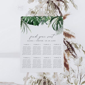 Tropical Wedding Table Seating Chart Template, Beach Wedding Seating Chart Sign, Palm Leaf Seating Chart Destination, Tropical Wedding