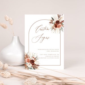 Modelo para impressão de sinal personalizado Pampas, sinais de mesa Boho para casamento, sinais de casamento no deserto, sinais de chá de panela, terracota, arco