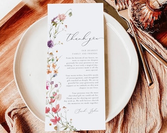 Wildflower Thank You Note Template, Thank You Place Card, Boho Place Setting Thank You, Floral Wedding Napkin Note, Editable Thank You