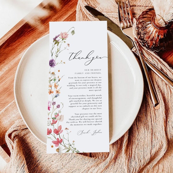 Wildflower Thank You Note Template, Thank You Place Card, Boho Place Setting Thank You, Floral Wedding Napkin Note, Editable Thank You