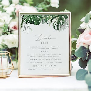 Tropische Hochzeit Bar Menü Schild Vorlage, Hochzeit Strand Bar Menü Schild, Palmenblatt Schild für Hochzeitsbar, Tropical Bar Schild, Getränkekarte Schild