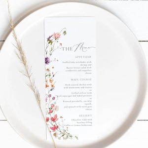 Wildblumen Menü Vorlage, Gartenparty Brautparty Menü, Boho Blumen Event Menü, Hochzeitsmenü, Boho Floral, Bunte Blumen Menükarten