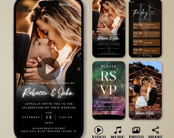 Plantilla de invitación de boda en vídeo animado, invitación electrónica por SMS (descarga digital)