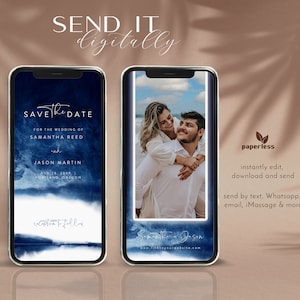 Navy Blue Watercolor Electronic Save The Date Template,  Electronic Save the Date, Save the Date Text Invite, Smartphone Save The Date