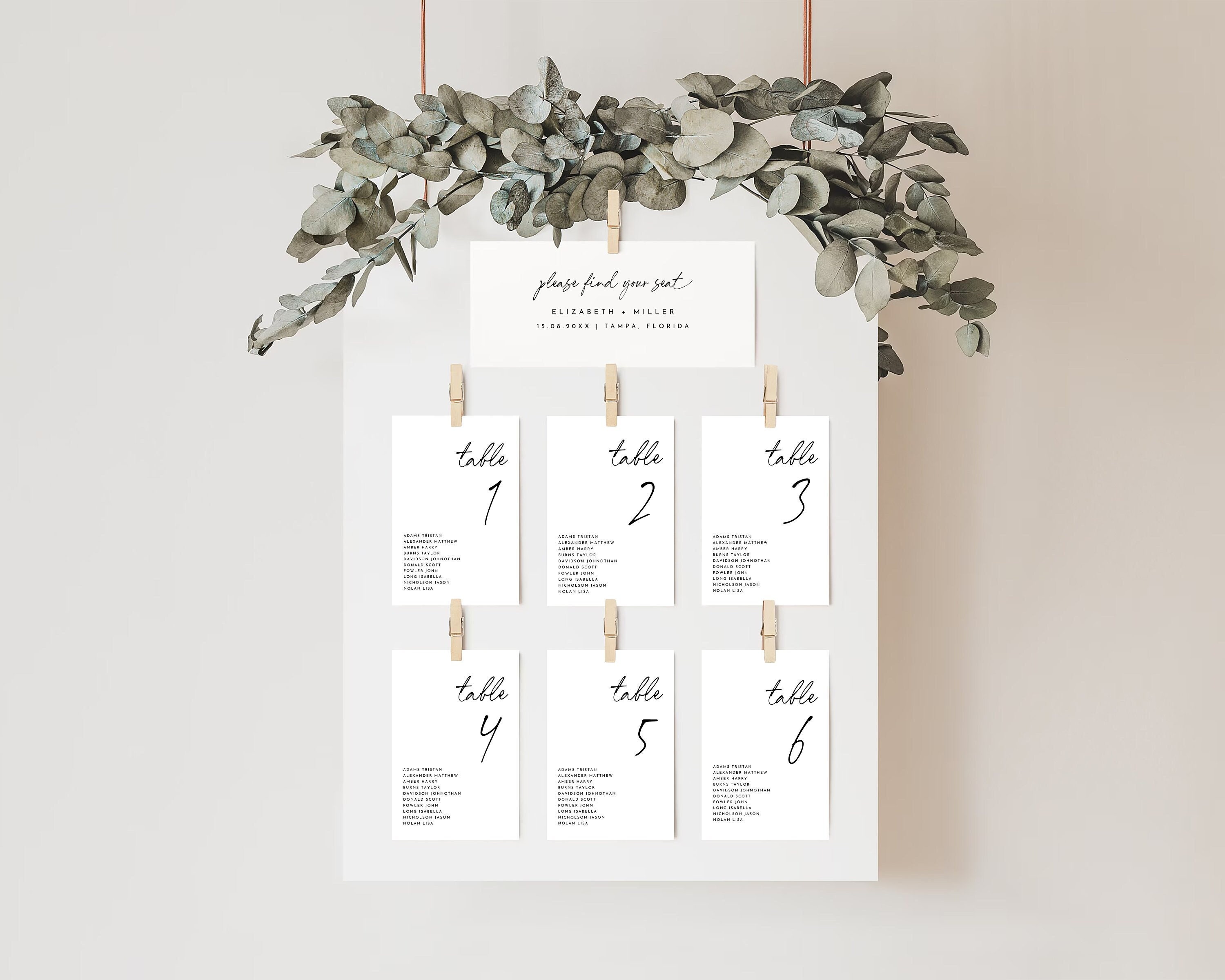 Minimalist Wedding Seating Chart Card Template, Modern Design (digital