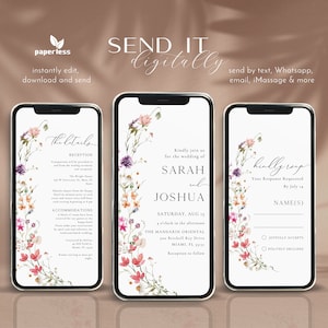 Wildblumen elektronische Hochzeitseinladung Set-Vorlage, Hochzeit digital, Floral Mobile einladen, Boho Textnachricht einladen, Handy Textmitteilung einladen