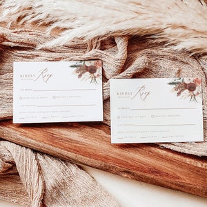 Modello di carta RSVP Pampas, cartolina RSVP stampabile, modello di matrimonio, risposta al matrimonio, scheda di inserimento, scheda di risposta, addio al nubilato, terracotta