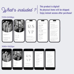 Op de afbeelding: Een digitale huwelijksuitnodigingsset in zwart-wit. De uitnodiging omvat een save-the-date-kaart, een RSVP-kaart, een huwelijksprogramma en een kaart met huwelijksdetails. De kaarten bevatten een zwart-witfoto van het paar, een cirkel met de datum van de bruiloft en de tekst "RSVP" in vetgedrukte letters.