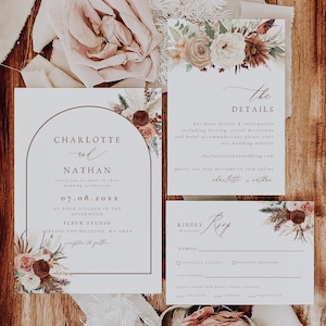 Pampas Wedding Invitation Set, RSVP and Details Insert Cards Template, Wedding Invitation Suite, Printable, Boho, Terracotta, Burnt Orange