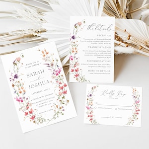 Wildflower Wedding Invitation Template, Printable Wedding Invitation, Wedding Invitation Suite, Boho Wildflower Invitation, Floral Wreath