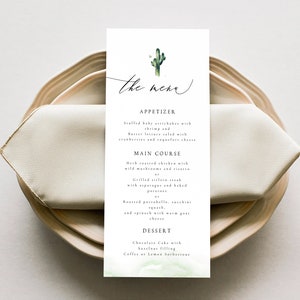 Modello di menu di nozze Cactus, Carte menu di nozze nel deserto, Menu di nozze Boho, Carte menu Cactus stampabili, Menu cena di ricevimento modificabile