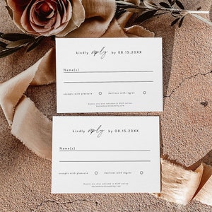 Modelo de cartão RSVP moderno, cartão postal RSVP para impressão, modelo de casamento editável, casamento clássico elegante, resposta de casamento simples, cartão de inserção