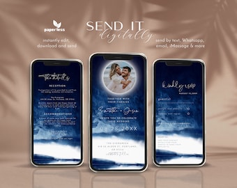 Navy Blue Watercolor Electronic Wedding Invitation Template (Digital)