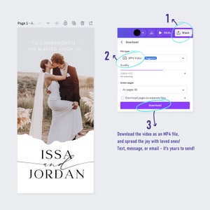 Op de afbeelding: Een huwelijksuitnodiging met een foto van een stel in een witte jurk en pak. De tekst "TO COMMEMORATE THE BLESSED UNION OF ISSA and JORDAN" staat op de uitnodiging.