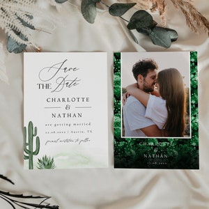 Cactus Guardar la plantilla de fecha, Guardar la fecha con foto, Boda en el desierto Guardar las tarjetas de fecha, Guardar la fecha mínima, Boho Guardar la fecha