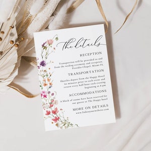 Modelo de cartão de detalhes de casamento de flores silvestres, inserção de convite de casamento para impressão, cartão de gabinete editável, cartão de detalhes para impressão, cartão de gabinete