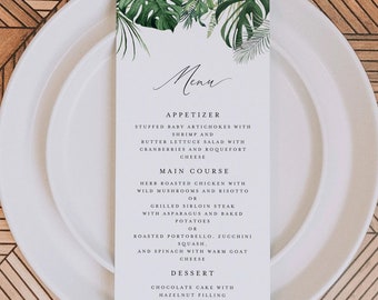 Tropical Palm Wedding Menu Template, Beach Wedding Menu Sign, Tropical Menu Sign Printable, Banquet Catering Menu, Tropical Shower Menu