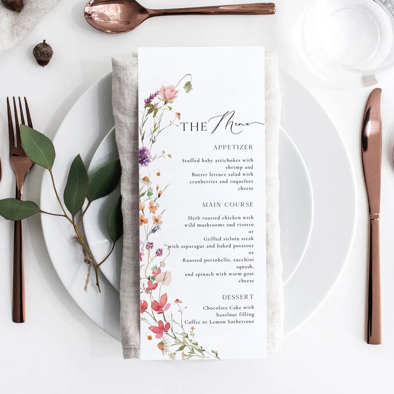 Wildflower Wedding Menu Template, Boho Garden Party (DIY Canva) - Etsy