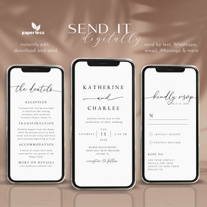 Elegante elektronische Hochzeitseinladung Set Vorlage, Hochzeit Digital, Minimalist Online, Detailkarte, Antwortkarte, Smartphone Einladung