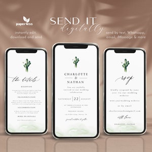 Modello di set di invito a nozze elettronico Cactus, matrimonio digitale, invito a nozze, minimalista online, scheda dettagli, RSVP, invito Iphone