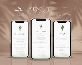 Cactus Wedding Invitation Set Template, Minimalist Electronic Invite (Digital Download)