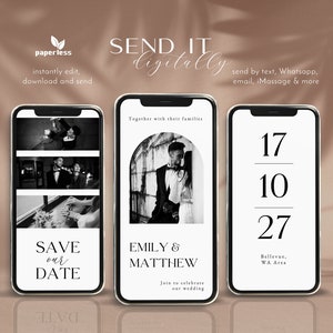Può includere: Tre mockup di schermate di telefono in bianco e nero che mostrano un annuncio di salvataggio della data per un matrimonio. La prima schermata mostra un collage di tre foto della coppia. La seconda schermata mostra una foto della coppia con il testo "Emily & Matthew" e "Unisciti a noi per celebrare il nostro matrimonio". La terza schermata mostra la data "17 10 27" e la posizione "Bellevue, WA Area".